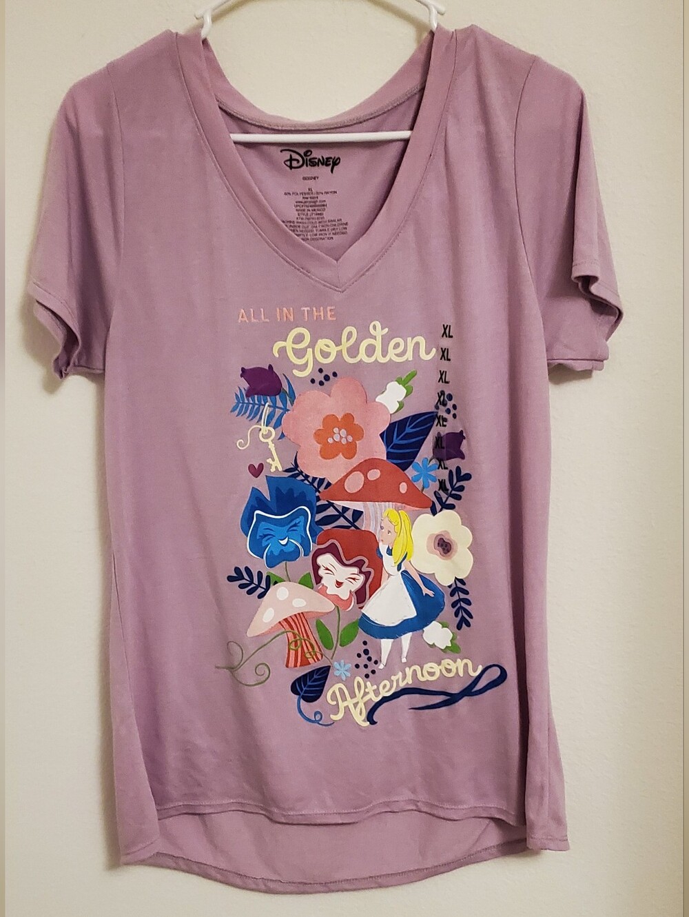 Disney Lavender V-Neck Alice In Wonderland Graphic Tee Size XL